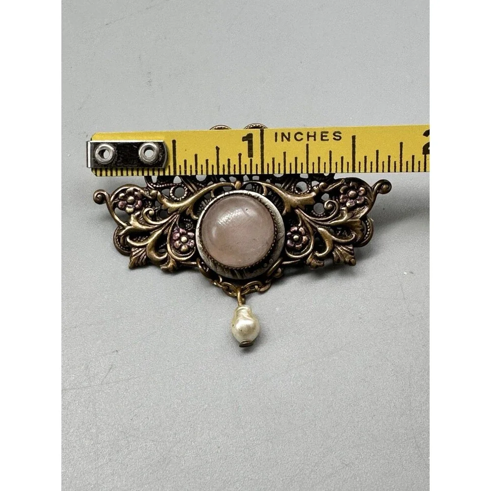 Vintage Rose Quartz & Freshwater Pearl Art Nouveau Brooch Pin